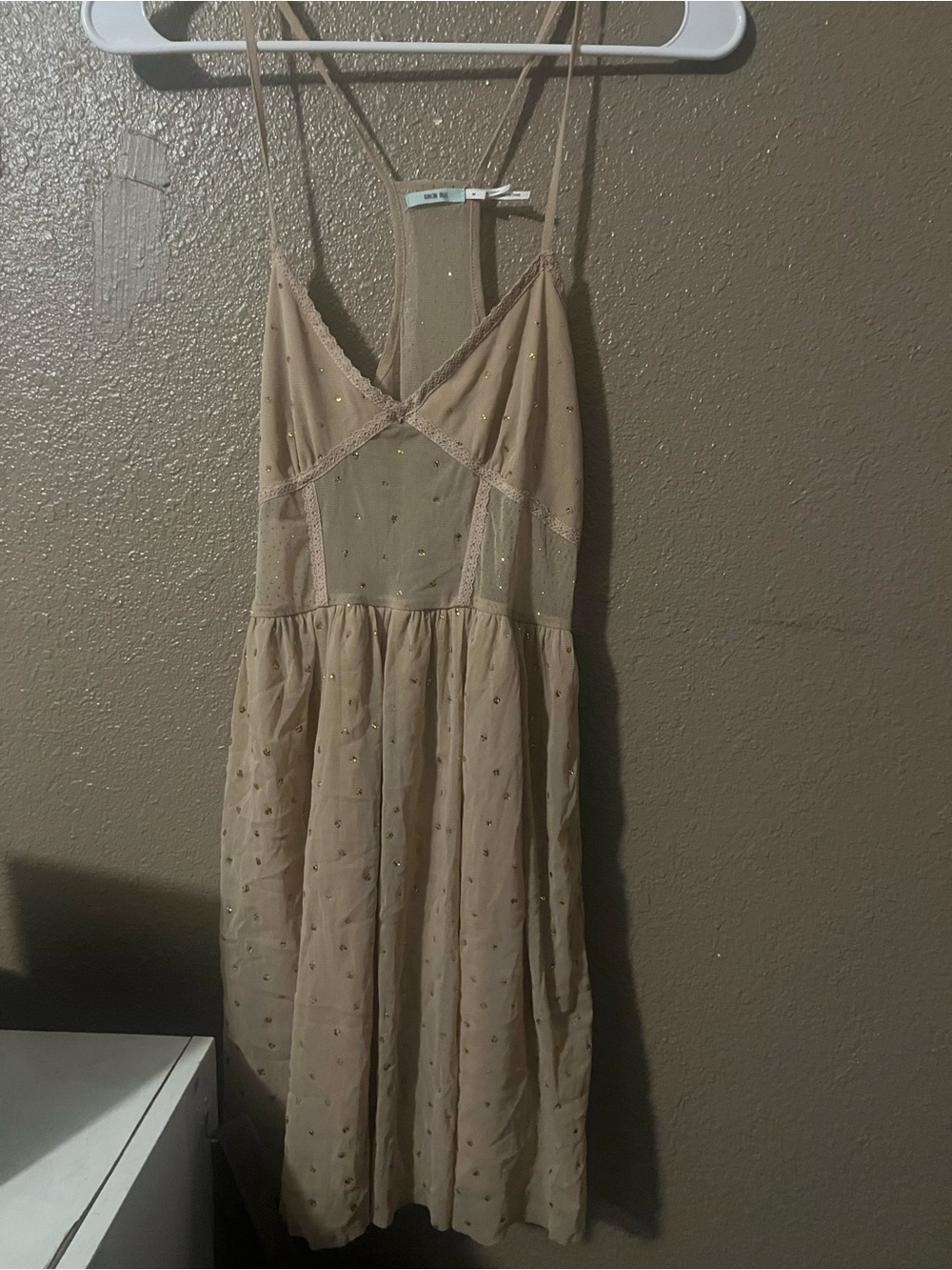 Sheer eSpaghetti Strap Midi Dress in Nude with Sparkle
